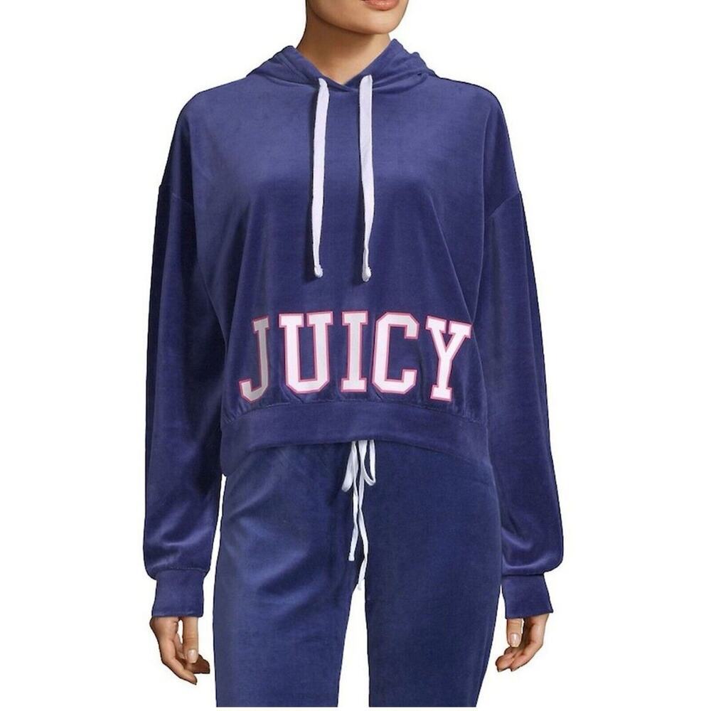 Juicy Couture Velour Sweatshirt Hoodie Blue Y2K Track Jacket Logo Size L - Picture 1 of 5